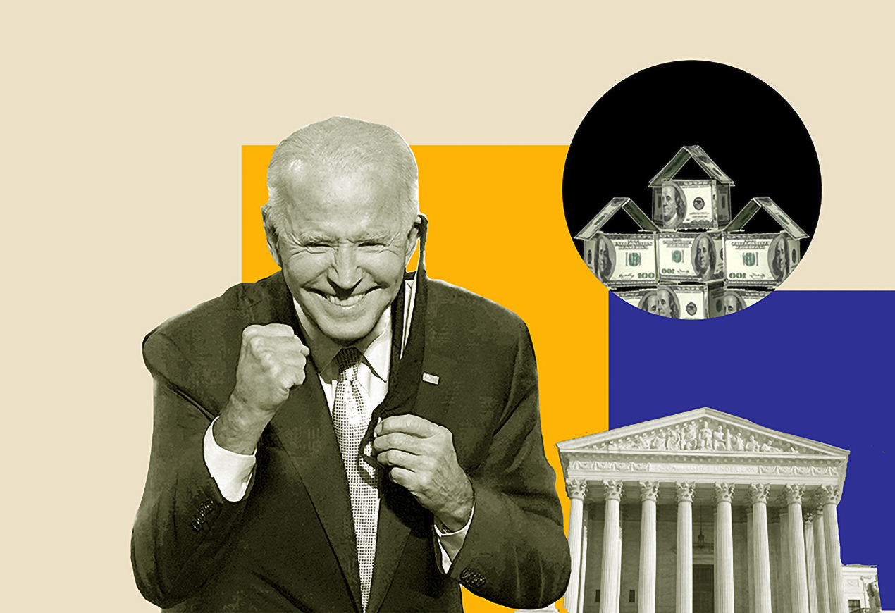 Smiling President Joe Biden, dollars building up houses and creditworthiness.
