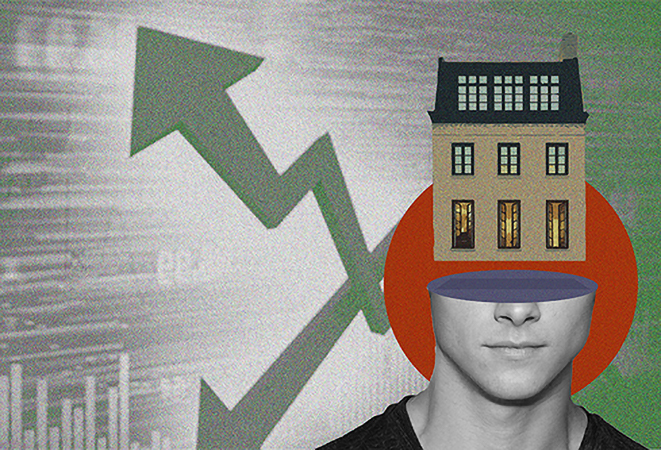 A man with a house instead of the top of his head, which symbolizes the dream of homeownership. A man with a house instead of the top of his head, which symbolizes the dream of homeownership.