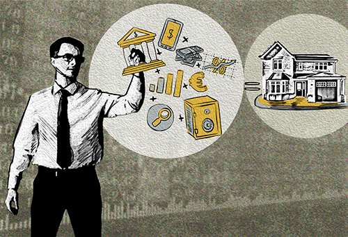 A man drawing the mortgage proccess in the form of an equation. A man drawing the mortgage proccess in the form of an equation.