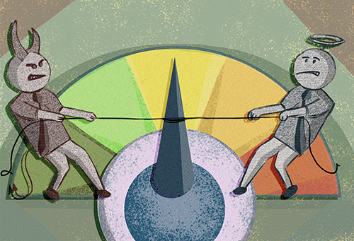 An angel characterizing the high credit score and a demon characterizing the low credit score playing tug of war. An angel characterizing the high credit score and a demon characterizing the low credit score playing tug of war.