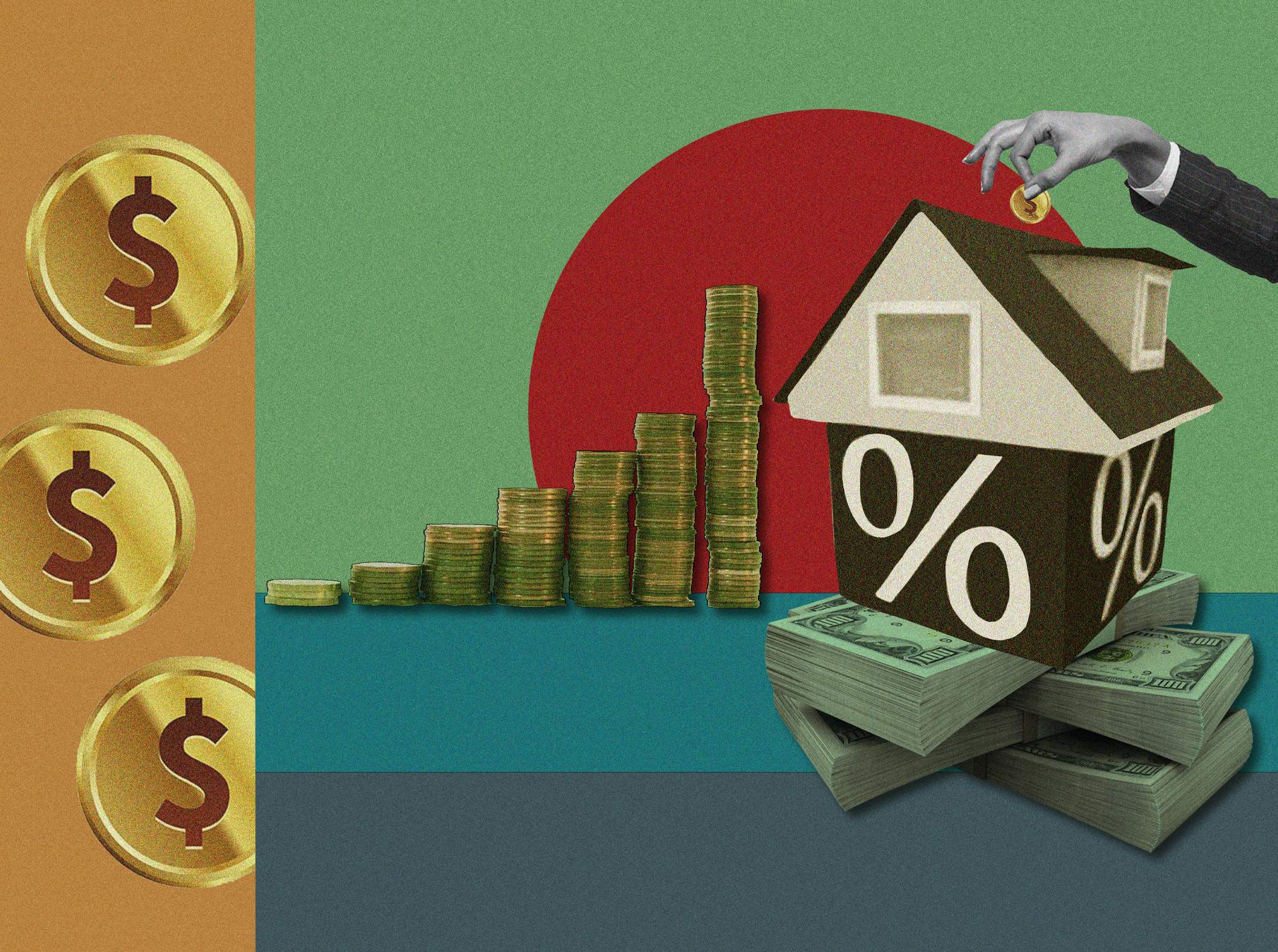A person adding coins in front of a paper house. Collecting for his mortgage insurance